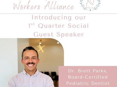 Promotional graphic for Inspired Birth Workers Alliance featuring Dr. Brett Parks, board-certified pediatric dentist, as the 1st Quarter Social guest speaker, with event date February 7, 2026.