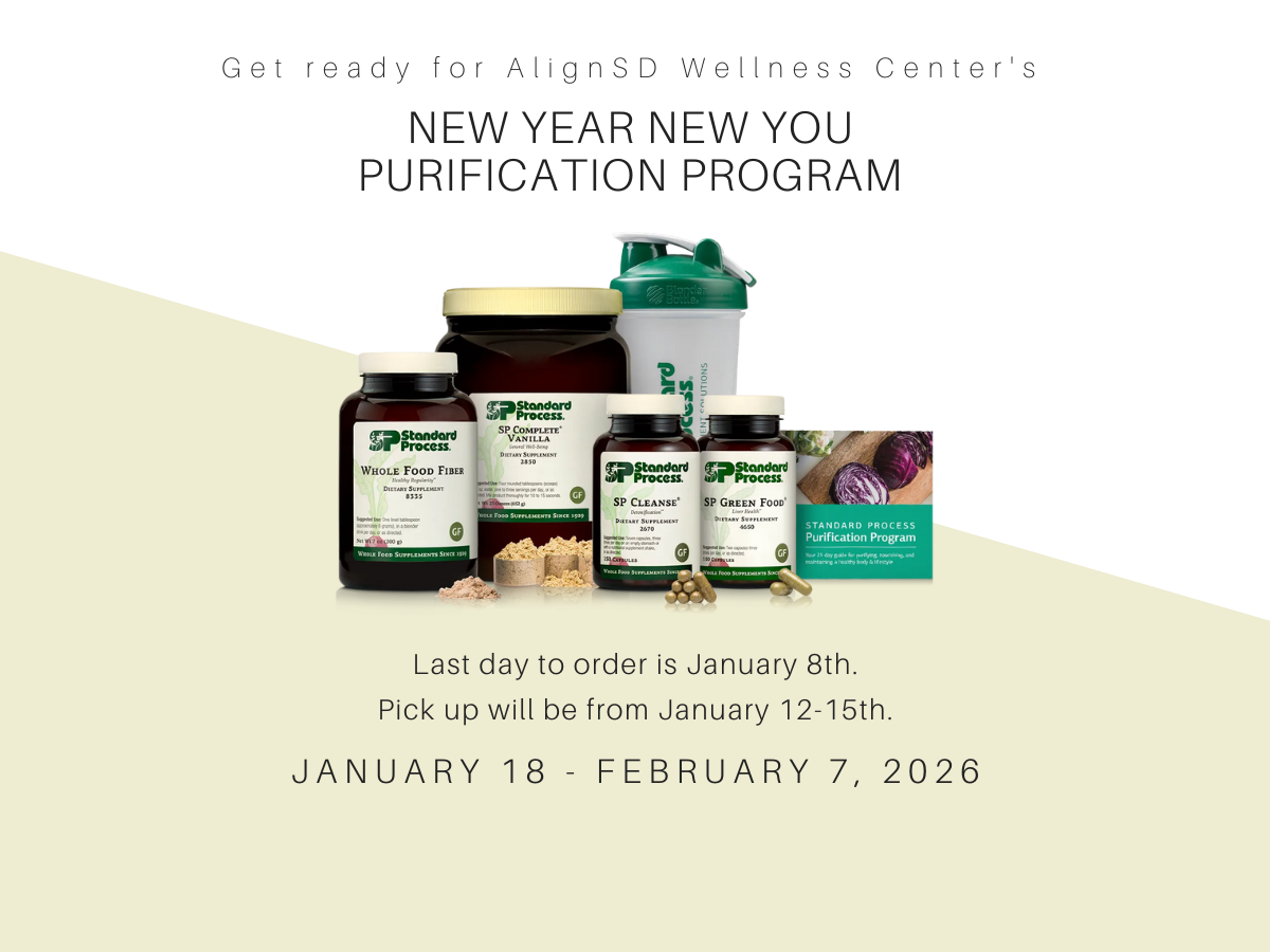 Image for AlignSD Wellness Center’s New Year New You Purification Program, featuring Standard Process purification supplements and a shaker bottle, with program dates January 18–February 7, 2026, ordering deadline January 8, and product pickup January 12–15.