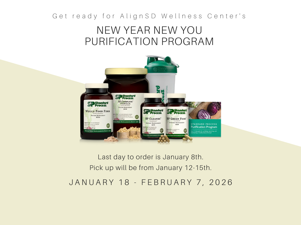 Image for AlignSD Wellness Center’s New Year New You Purification Program, featuring Standard Process purification supplements and a shaker bottle, with program dates January 18–February 7, 2026, ordering deadline January 8, and product pickup January 12–15.