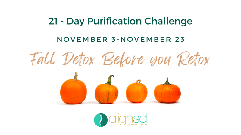 AlignSD Wellness Center 21-Day Fall Detox Before You Retox program graphic with four small pumpkins and event dates November 3–23