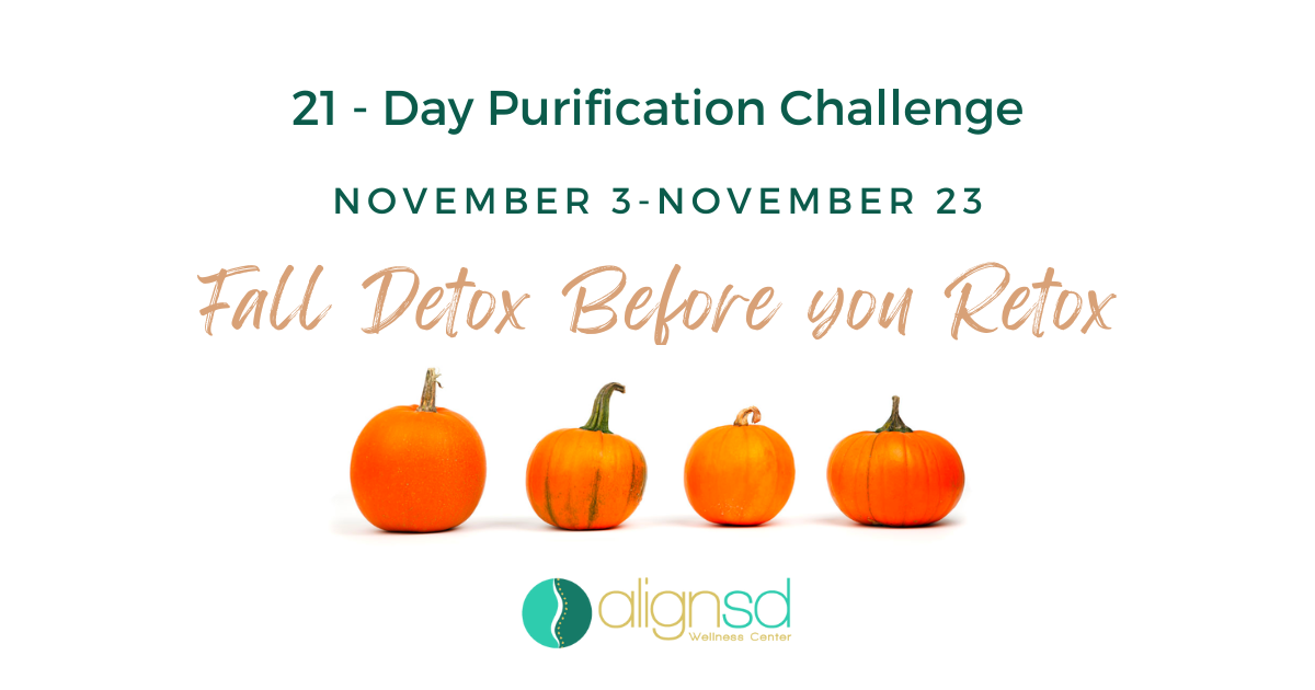 AlignSD Wellness Center 21-Day Fall Detox Before You Retox program graphic with four small pumpkins and event dates November 3–23