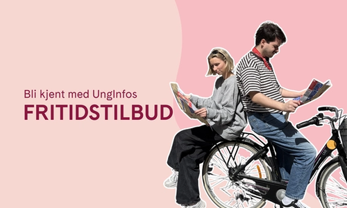 To personer på en sykkel som leser hvert sitt kart. Ved siden av står teksten "Bli kjent med unginfos fritidstilbud".