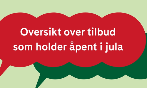 To snakkebobler med tittelen: oversikt over tilbud som holder åpent i jula, for å dekke både samtaletilbud og tilbud for feiring av alternativ jul 