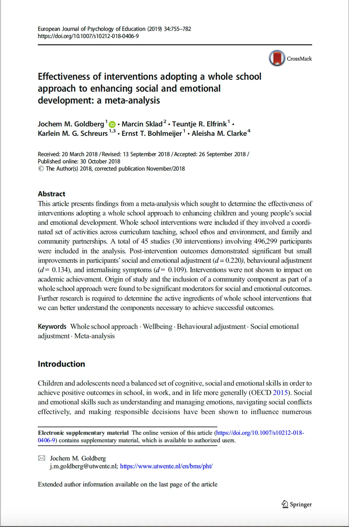 Preview image of Effectiveness of interventions adopting a whole school approach to enhancing social and emotional development: a meta-analysis