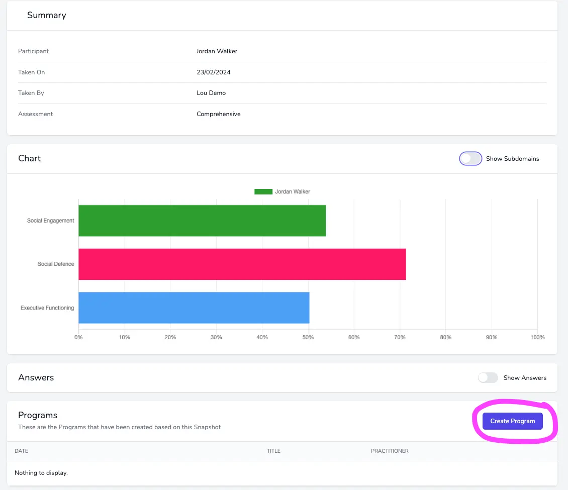 Screenshot of Snapshot page Create Program button