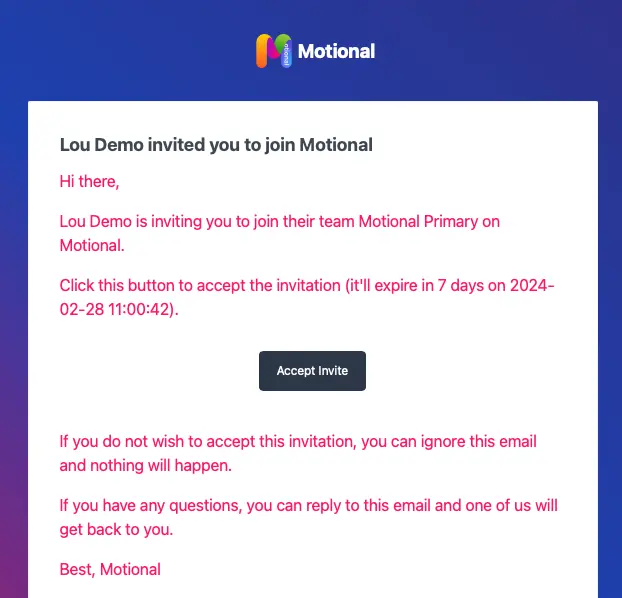 Screenshot of email invite