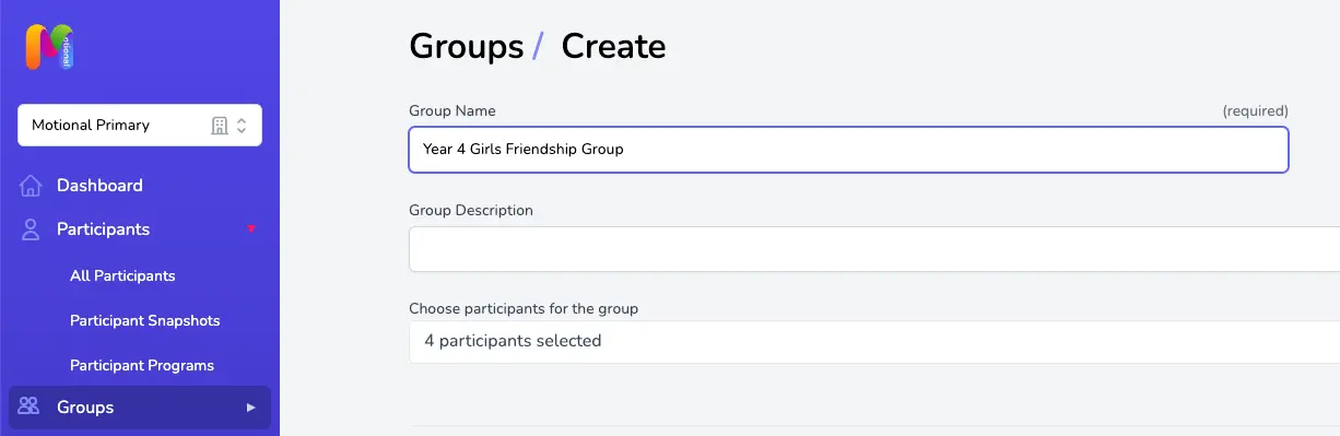Screenshot of Create Groups page