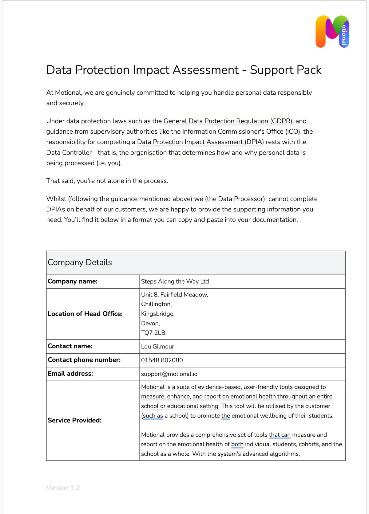 Data Protection Impact Assessment - Support Pack