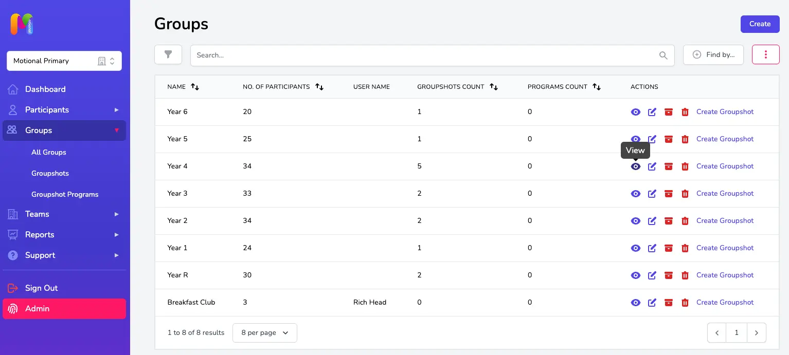 Screenshot of Groups page