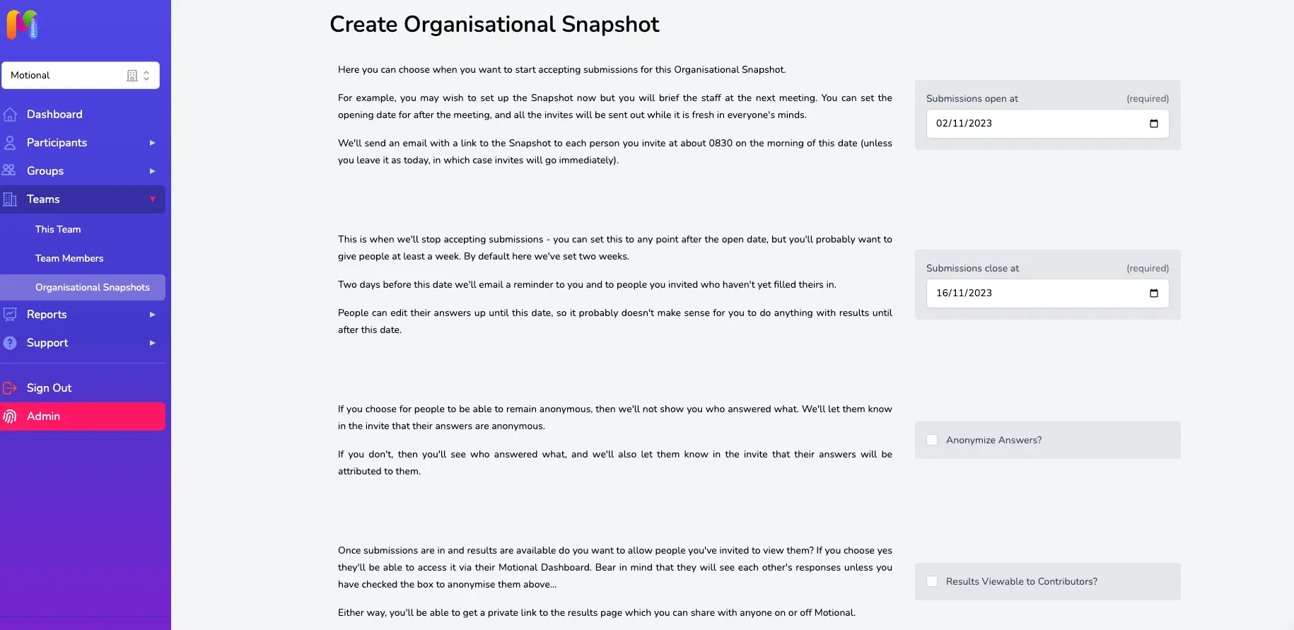 The Create Organisational Snapshot page