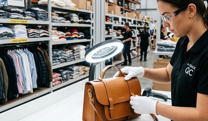 Quality control specialist inspecting premium shoes at RealismThrift