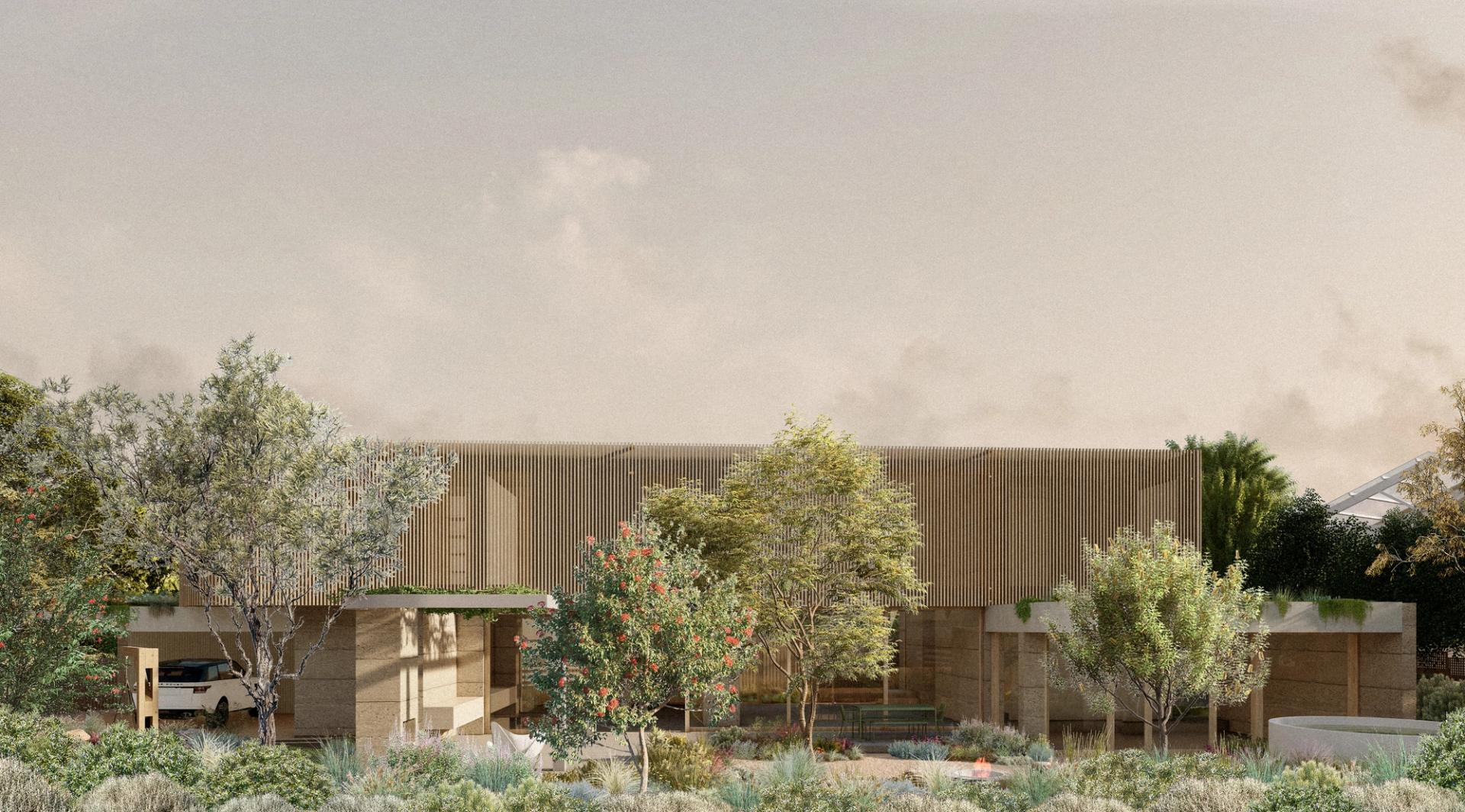 Organic rammed earth walls and timber battens create a contemporary interpretation of the traditional beach house.