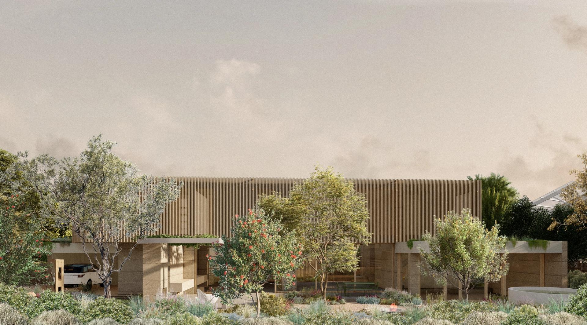 Organic rammed earth walls and timber battens create a contemporary interpretation of the traditional beach house.