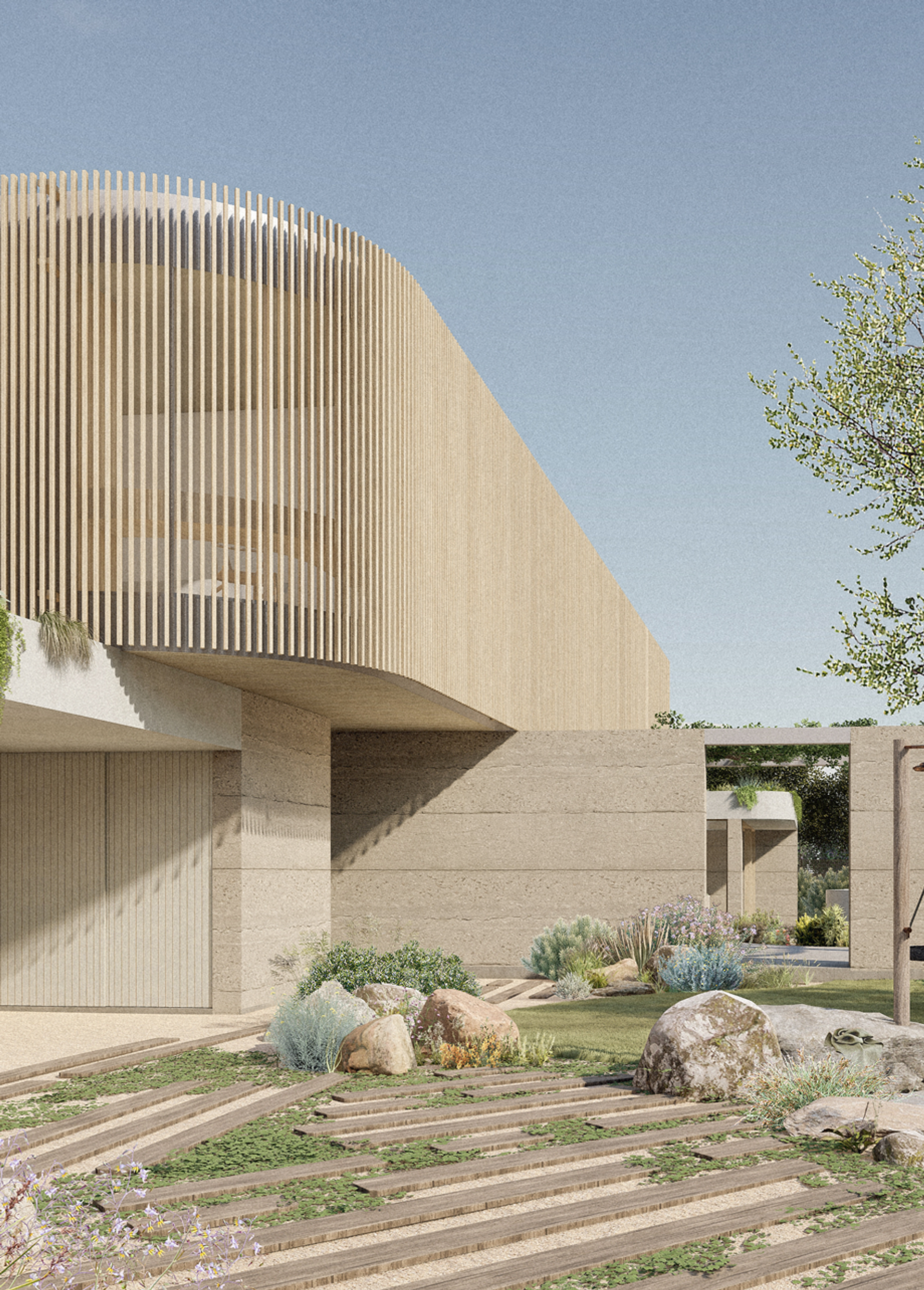 Curved timber-batten cladding is designed to weather over time and further embed the home in its location.