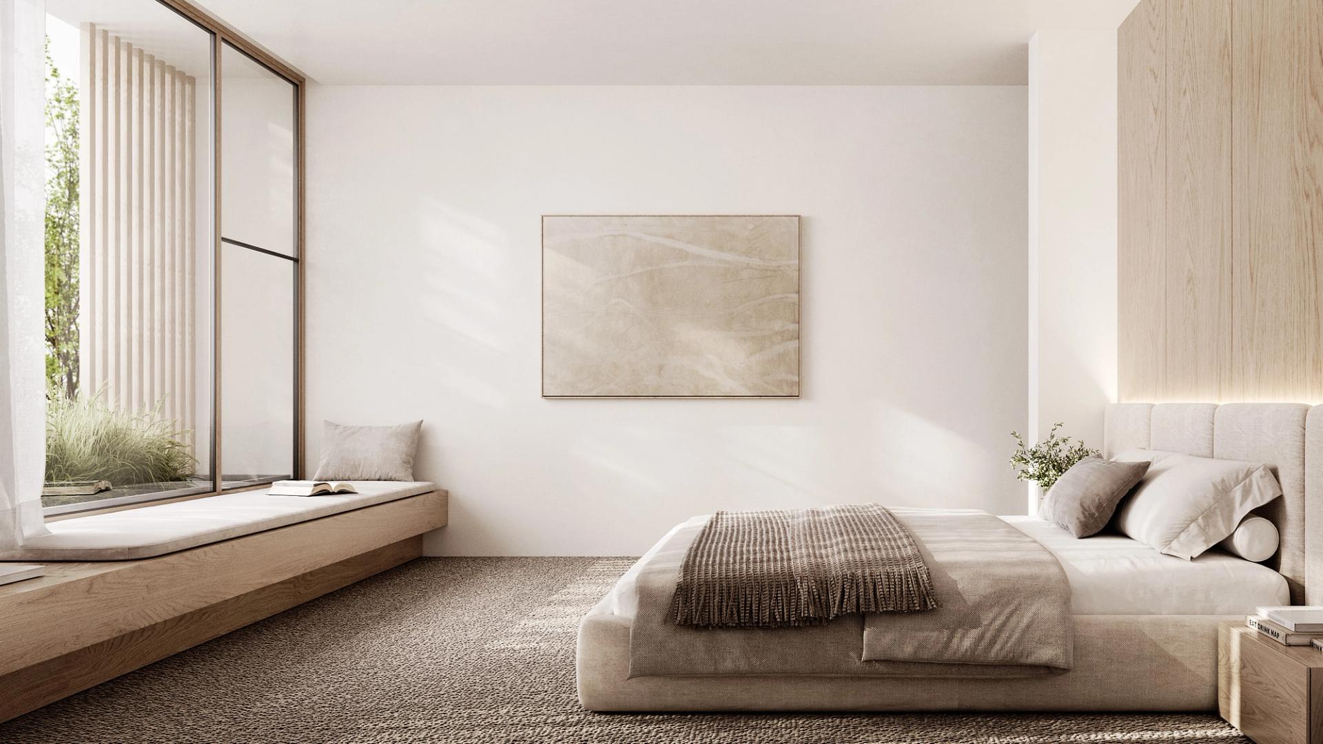 Rich materiality enhances biophilic design interventions like a planted roof on the second floor.