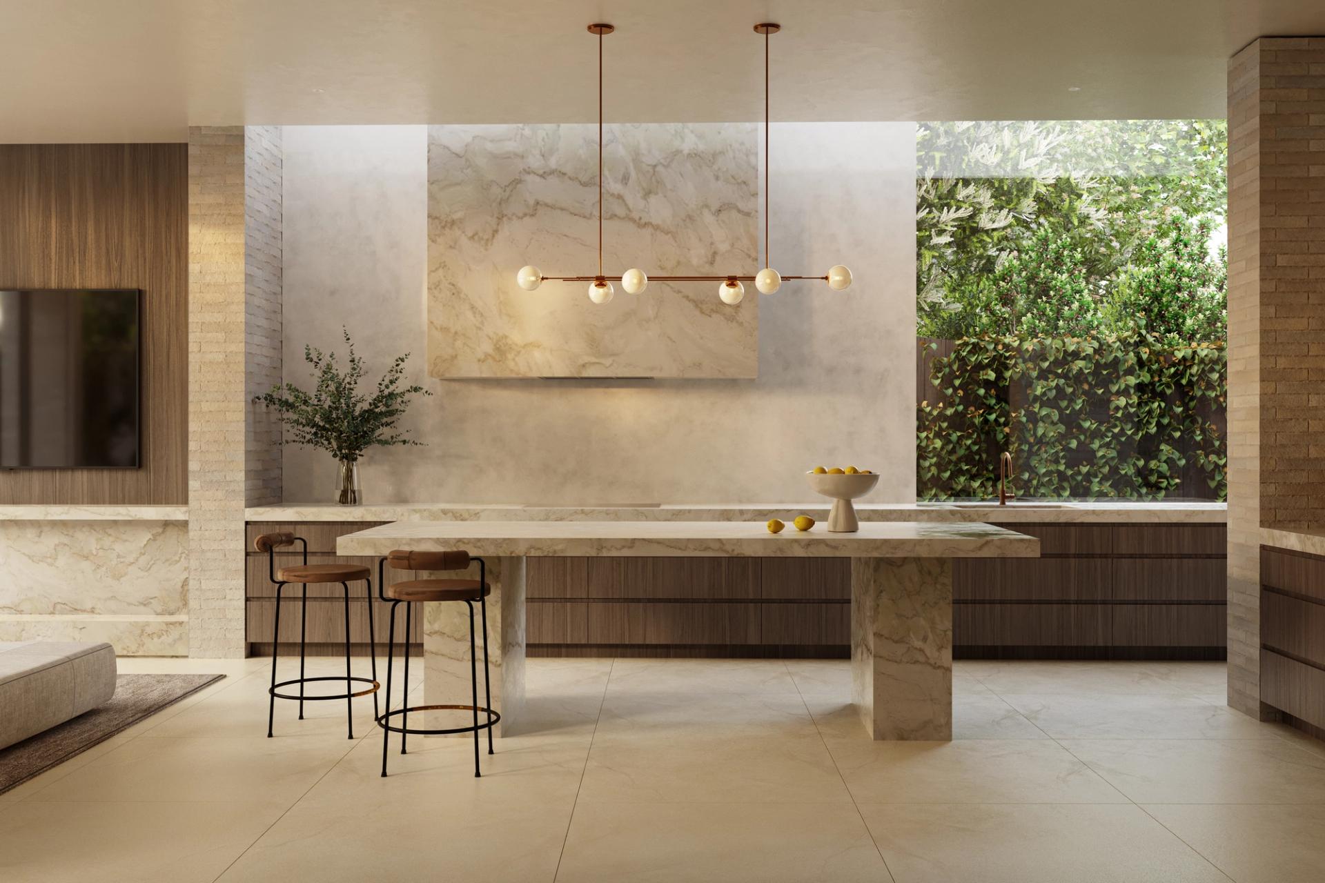 A substantial kitchen island anchors the ground floor of the Garden Terrace.