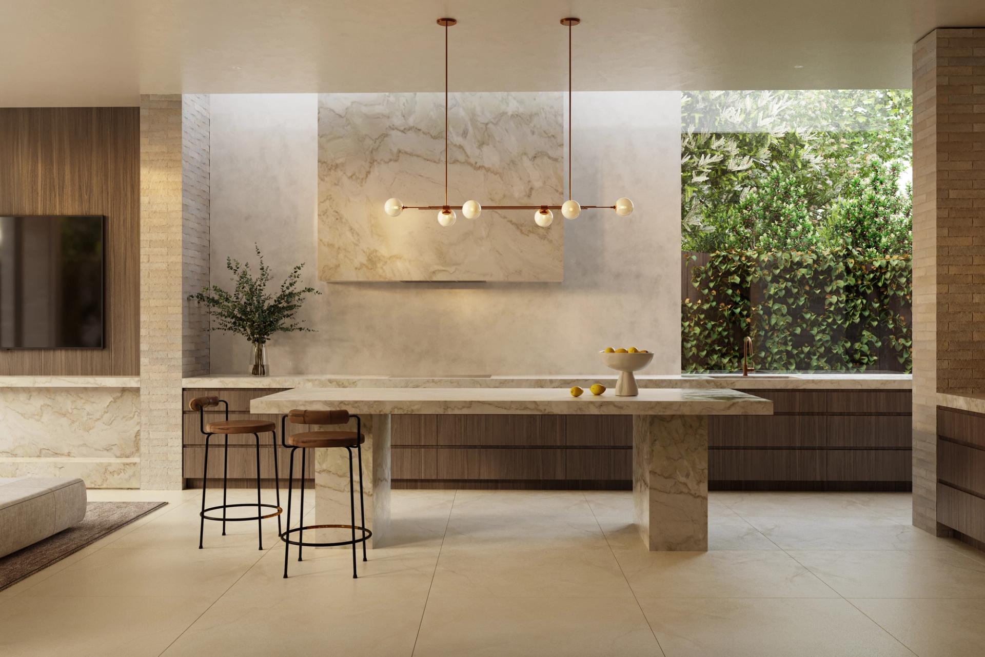 A substantial kitchen island anchors the ground floor of the Garden Terrace.