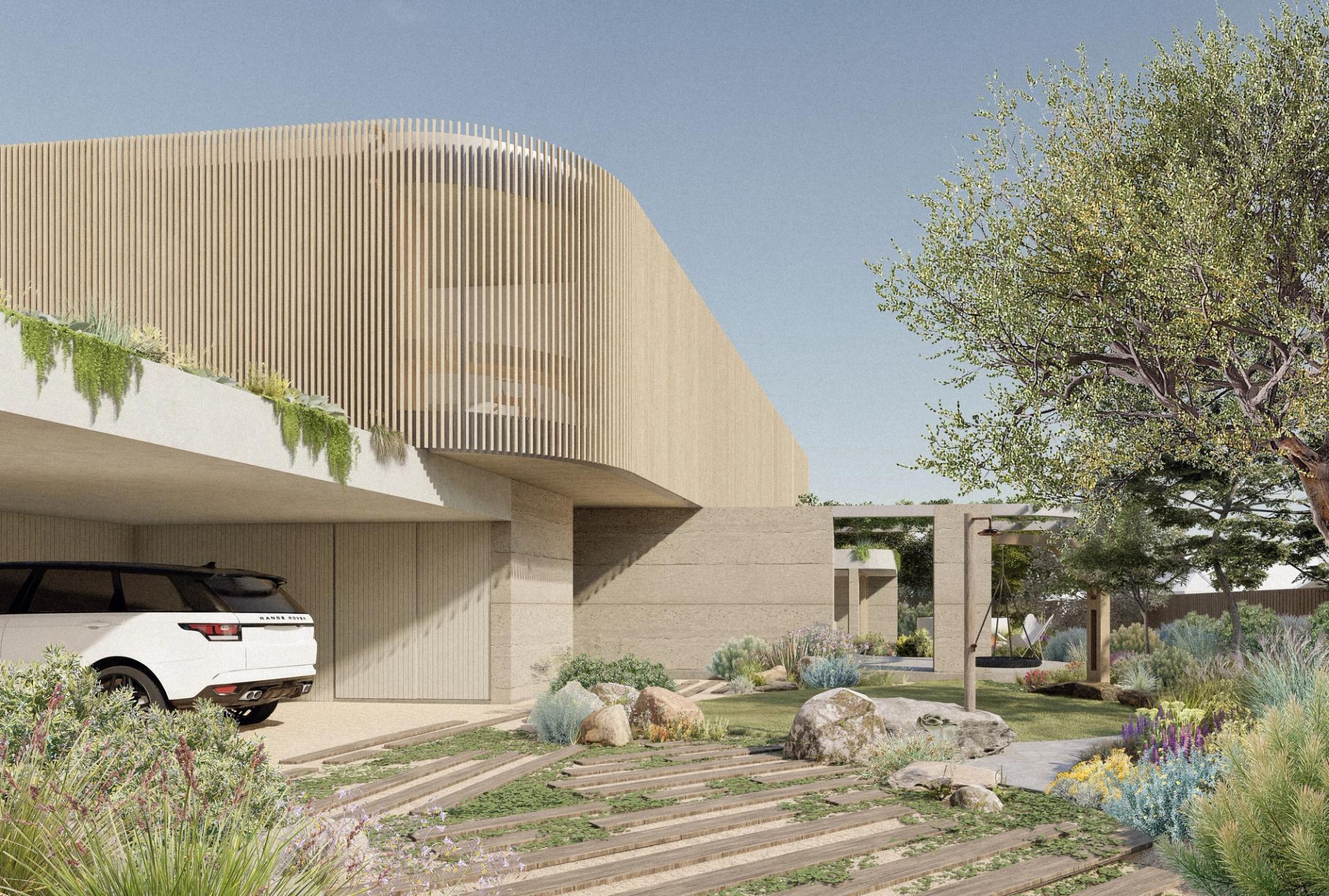 Curved timber-batten cladding is designed to weather over time and further embed the home in its location.