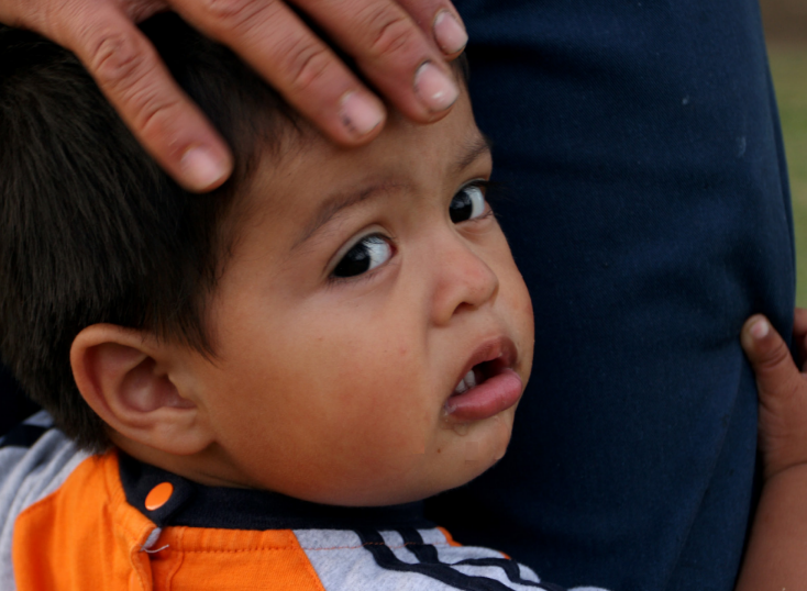 infant clinging to leg of an adult