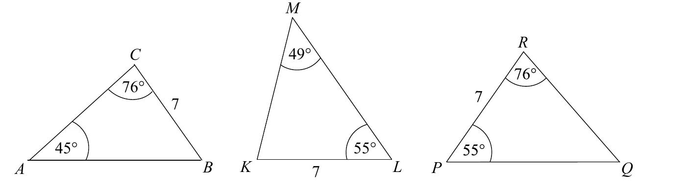 Trzy trójkąty: ABC (kąty 45° przy A, 76° przy C, bok CB=7), KLM (kąt 49° przy M, 55° przy L, bok KL=7) i PQR (kąt 76° przy R, 55° przy P, bok PR=7).