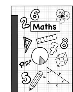 Opcja B: zdjęcie zeszytu z napisem „Maths” i rysunkami: cyfry, diagram Venna, linijka, trójkąt z bokami a/b/c, kostka, cyrkiel.