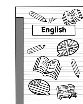 Opcja C: zdjęcie zeszytu z napisem „English” i rysunkami: pisanie, otwarta książka, flaga Wielkiej Brytanii, flaga USA, autobus szkolny.