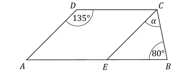 Trapez ABCD z bokiem AB równoległym do DC; odcinek EC równoległy do AD; kąt przy D równy 135°, kąt przy B równy 80°, kąt α między EC i CB przy wierzchołku C