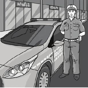 Opcja A: policjant w mundurze stojący przy radiowozie policyjnym na ulicy