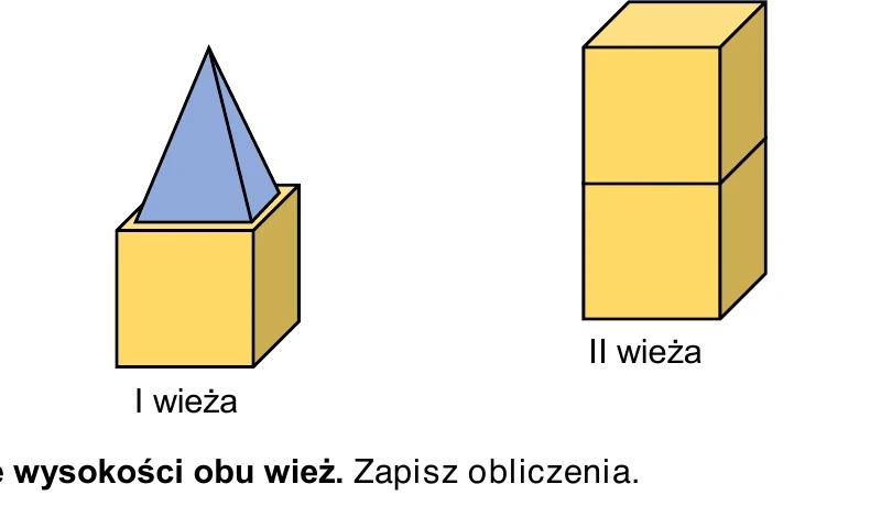 Dwie wieże z klocków: wieża I – sześcian z ostrosłupem prawidłowym czworokątnym na wierzchu, wieża II – dwa sześciany jeden na drugim