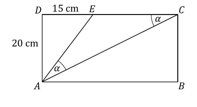 Prostokąt ABCD podzielony na trójkąty AED, ACE, ABC; podano DE=15 cm, AD=20 cm oraz dwa równe kąty α trójkąta ACE przy wierzchołkach A i C