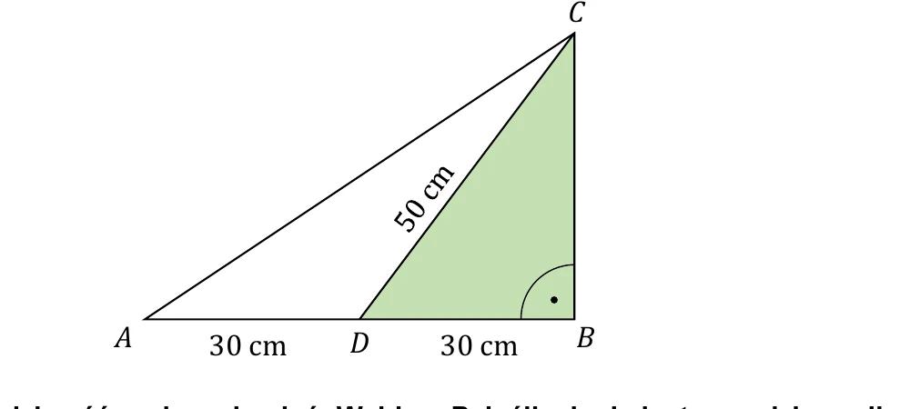 Trójkąt prostokątny ABC z kątem prostym przy B, punktem D na środku boku AB, odcinkiem DC=50 cm oraz odcinkami AD=DB=30 cm