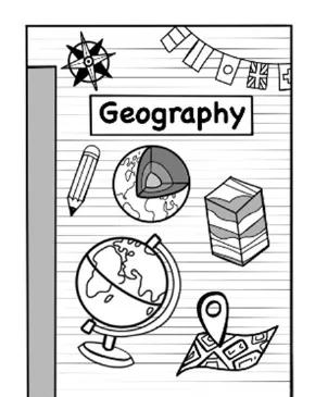 Opcja A: zdjęcie zeszytu z napisem „Geography” i rysunkami: kompas, proporczyki, globus, książka, mapa z pinezką.