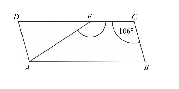 Równoległobok ABCD z punktem E na boku DC i trójkątem równoramiennym AED (|DE|=|AE|), zaznaczony kąt BCE=106°.