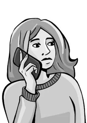 Opcja A: zdjęcie kobiety rozmawiającej przez telefon, ze zmartwionym wyrazem twarzy.