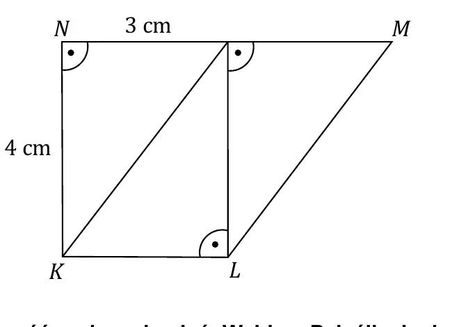 Trapez KLMN złożony z trzech jednakowych trójkątów prostokątnych o przyprostokątnych 3 cm i 4 cm; bok NK = 4 cm, odcinek KL = 3 cm, cała podstawa NM złożona z dwóch odcinków po 3 cm