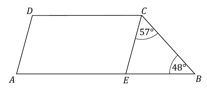 Trapez ABCD z odcinkiem EC dzielącym go na równoległobok AECD i trójkąt EBC; kąt ABC=48°, kąt BCE=57°
