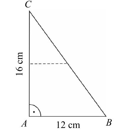Rysunek I: trójkąt prostokątny ABC o przyprostokątnych AB=12 cm i AC=16 cm, z zaznaczoną linią łączącą środki boków AC i BC.