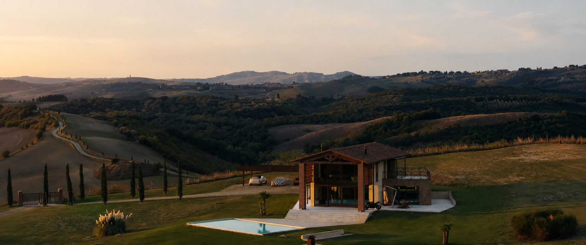 Modern villa surrounded by the Tuscan hills.