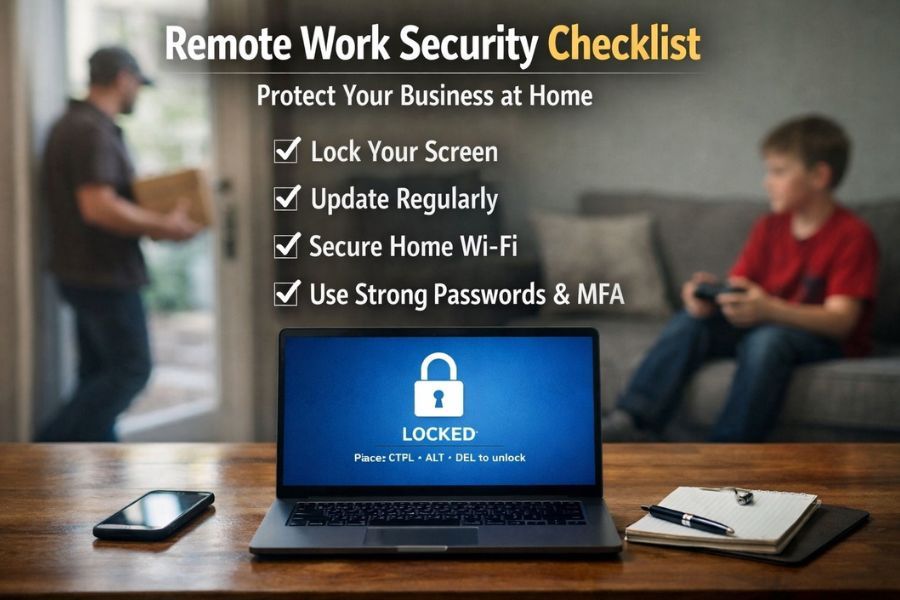 Home office workspace with a laptop showing a locked screen, highlighting remote work cybersecurity and device protection.