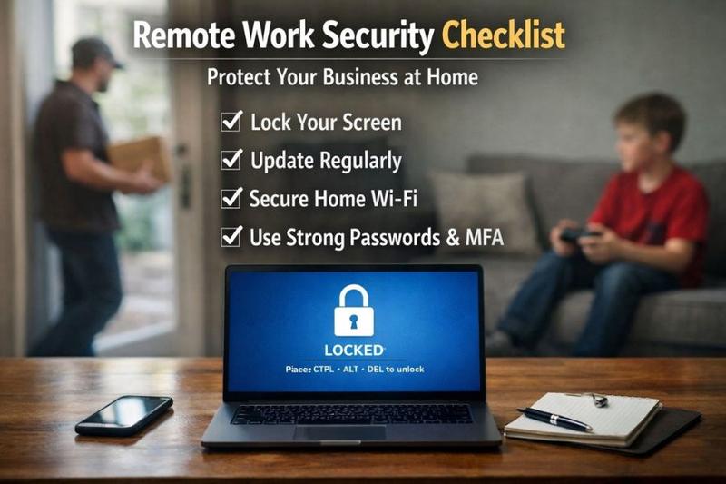 Home office workspace with a laptop showing a locked screen, highlighting remote work cybersecurity and device protection.