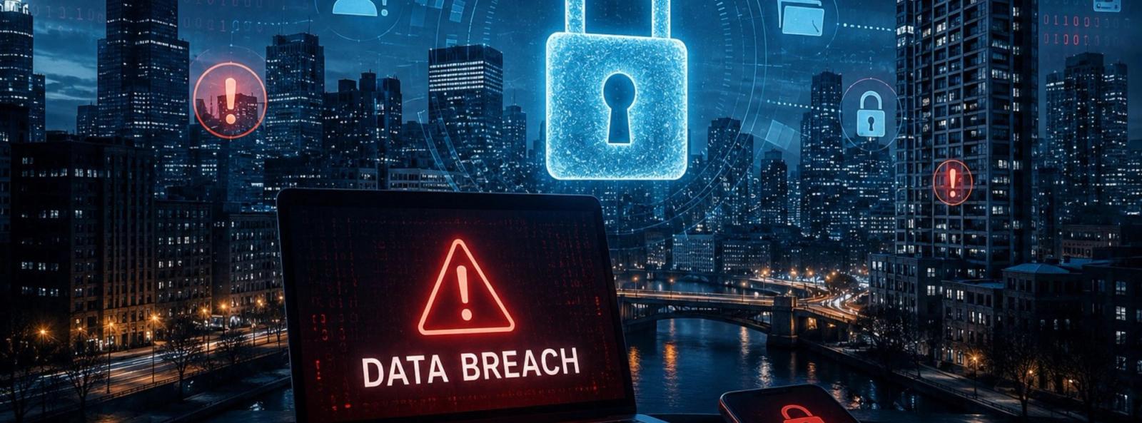 Cybersecurity image showing a digital lock over a city skyline, representing data protection, data breaches, and business security risks.