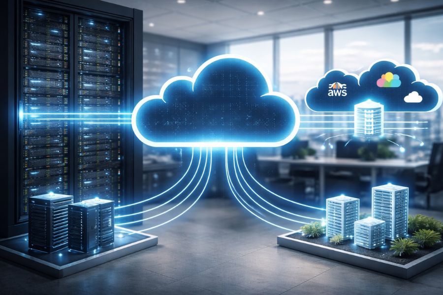 Hybrid cloud setup connecting on-premise servers with cloud infrastructure