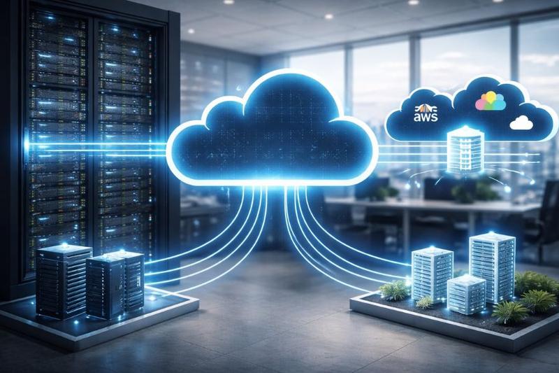 Hybrid cloud setup connecting on-premise servers with cloud infrastructure