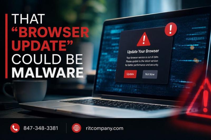 Laptop displaying a fake browser update warning illustrating a malware and cybersecurity threat to businesses.