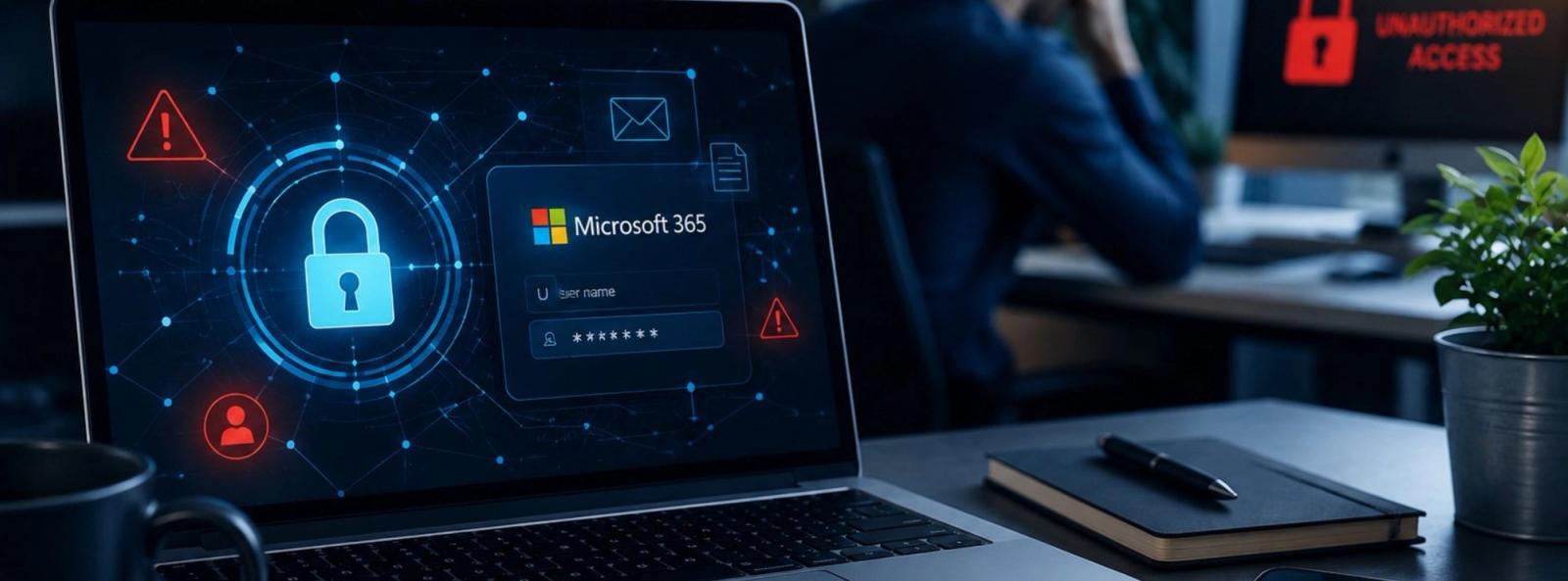 Business laptop showing Microsoft 365 security alerts and an MFA sign-in request, illustrating account takeover and cybersecurity risks.