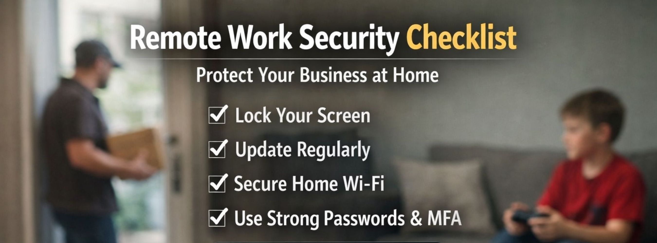 Home office workspace with a laptop showing a locked screen, highlighting remote work cybersecurity and device protection.