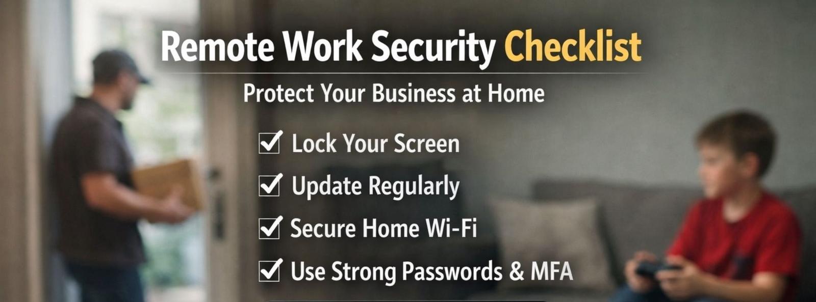 Home office workspace with a laptop showing a locked screen, highlighting remote work cybersecurity and device protection.