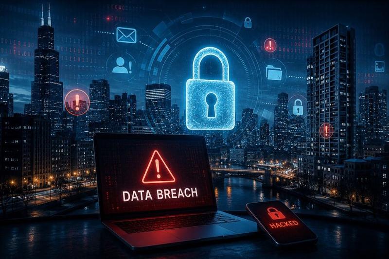 Cybersecurity image showing a digital lock over a city skyline, representing data protection, data breaches, and business security risks.