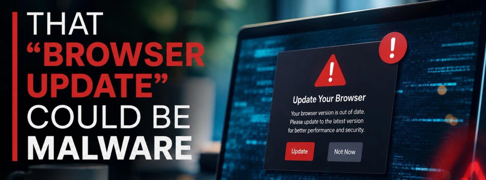 Laptop displaying a fake browser update warning illustrating a malware and cybersecurity threat to businesses.