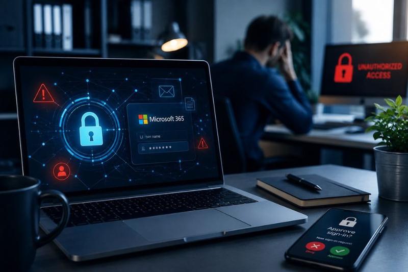 Business laptop showing Microsoft 365 security alerts and an MFA sign-in request, illustrating account takeover and cybersecurity risks.